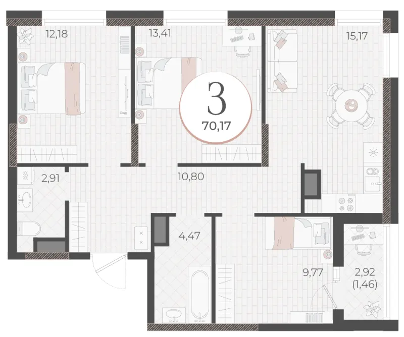 3-комн. 70.2 м²