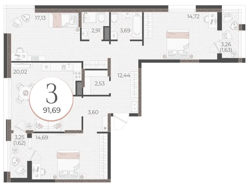 3-комн. 91.7 м²