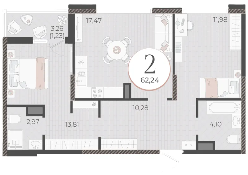 2-комн. 62.2 м²