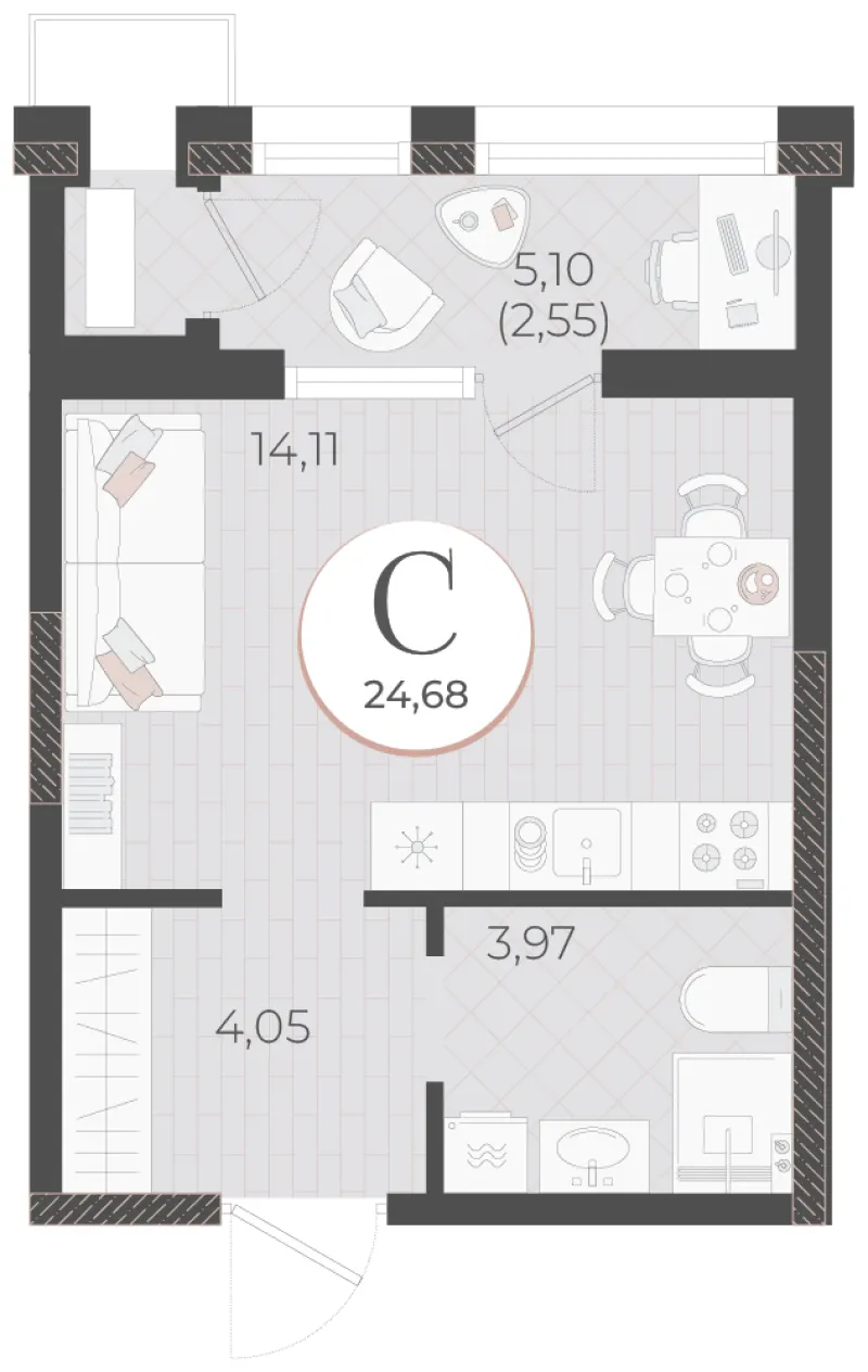 Студия 24.7 м²