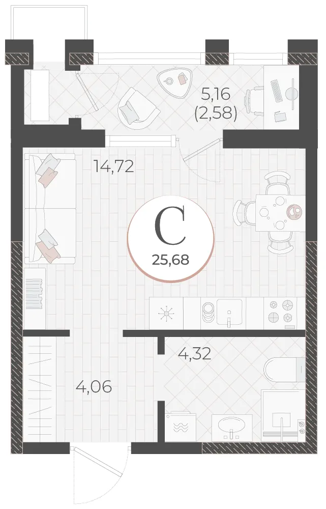 Студия 25.7 м²
