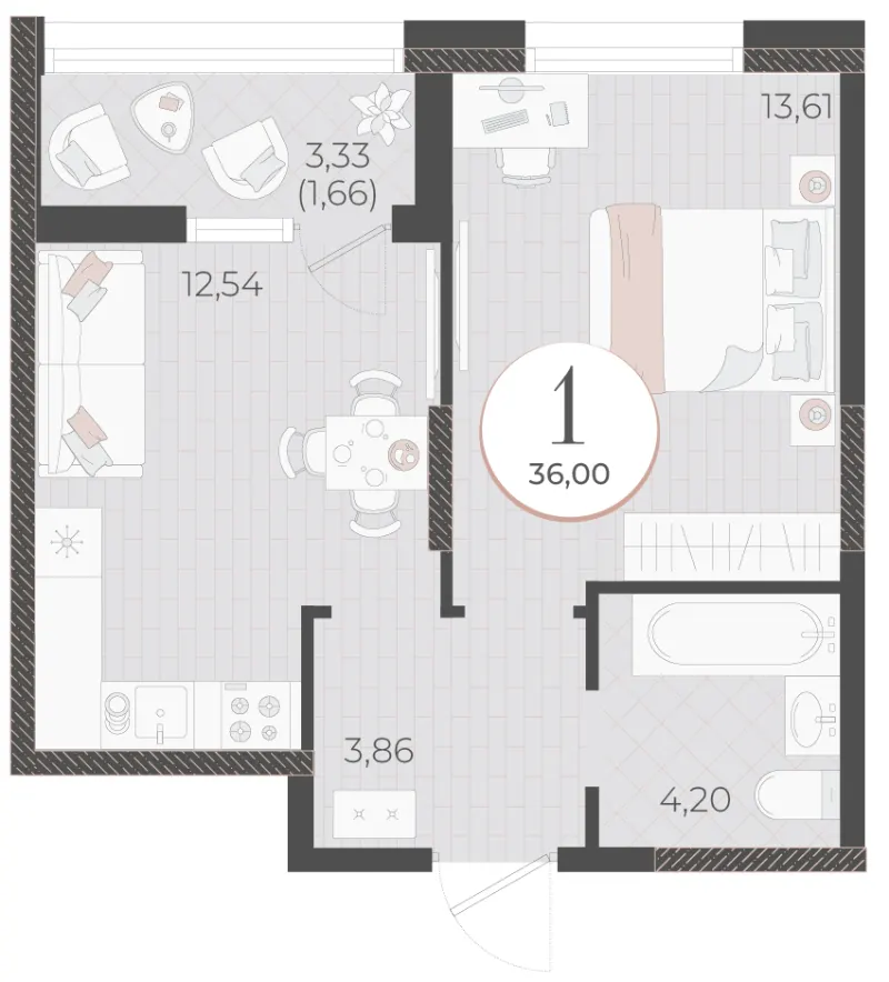 1-комн. 36 м²