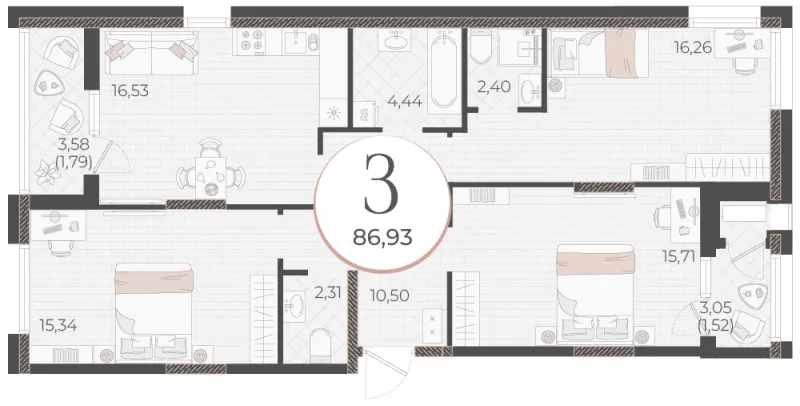 3-комн. 86.9 м²