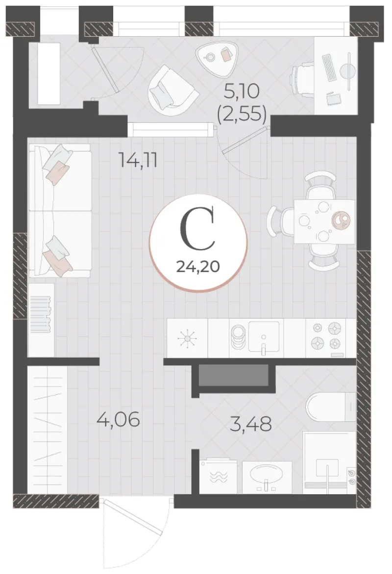 Студия 24.2 м²