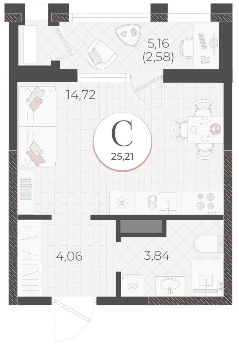 Студия 25.2 м²