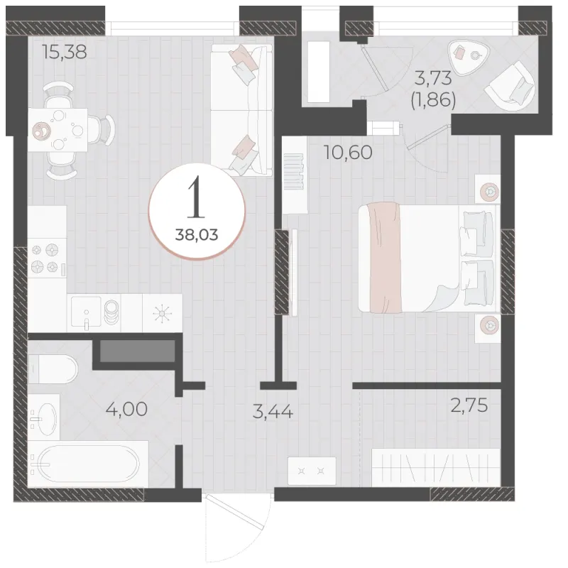 1-комн. 38 м²