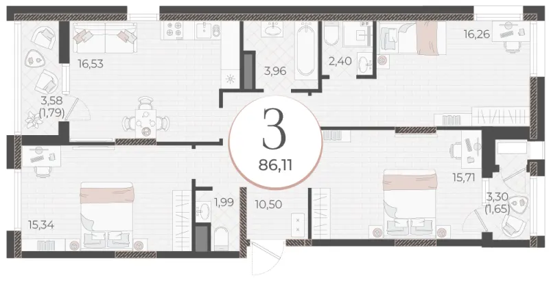 3-комн. 86.1 м²