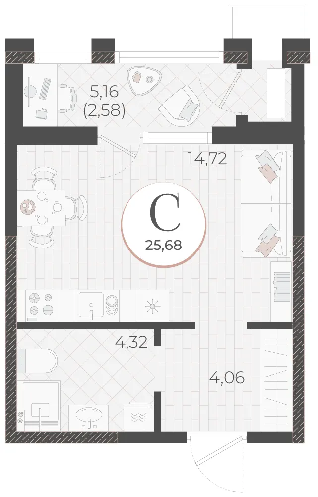 Студия 25.7 м²