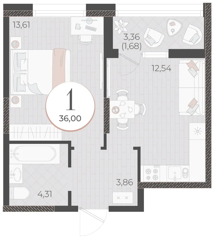 1-комн. 36 м²