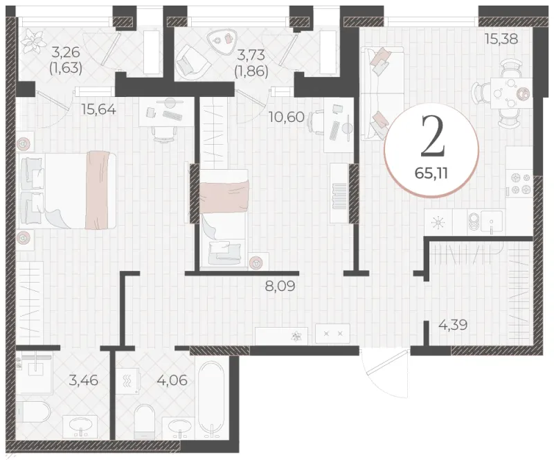 2-комн. 65.1 м²