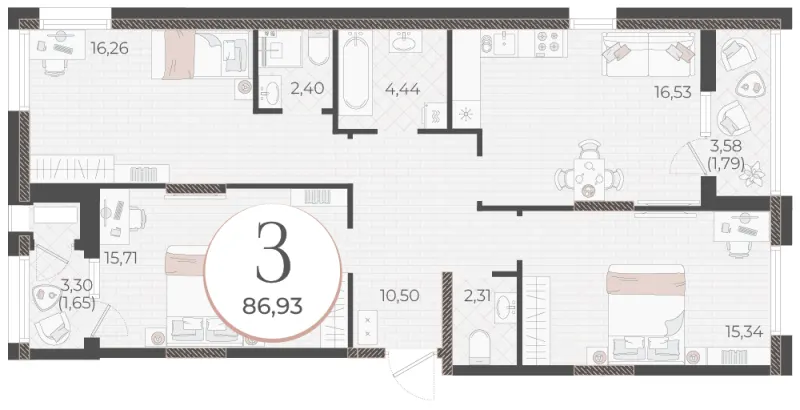 3-комн. 86.9 м²