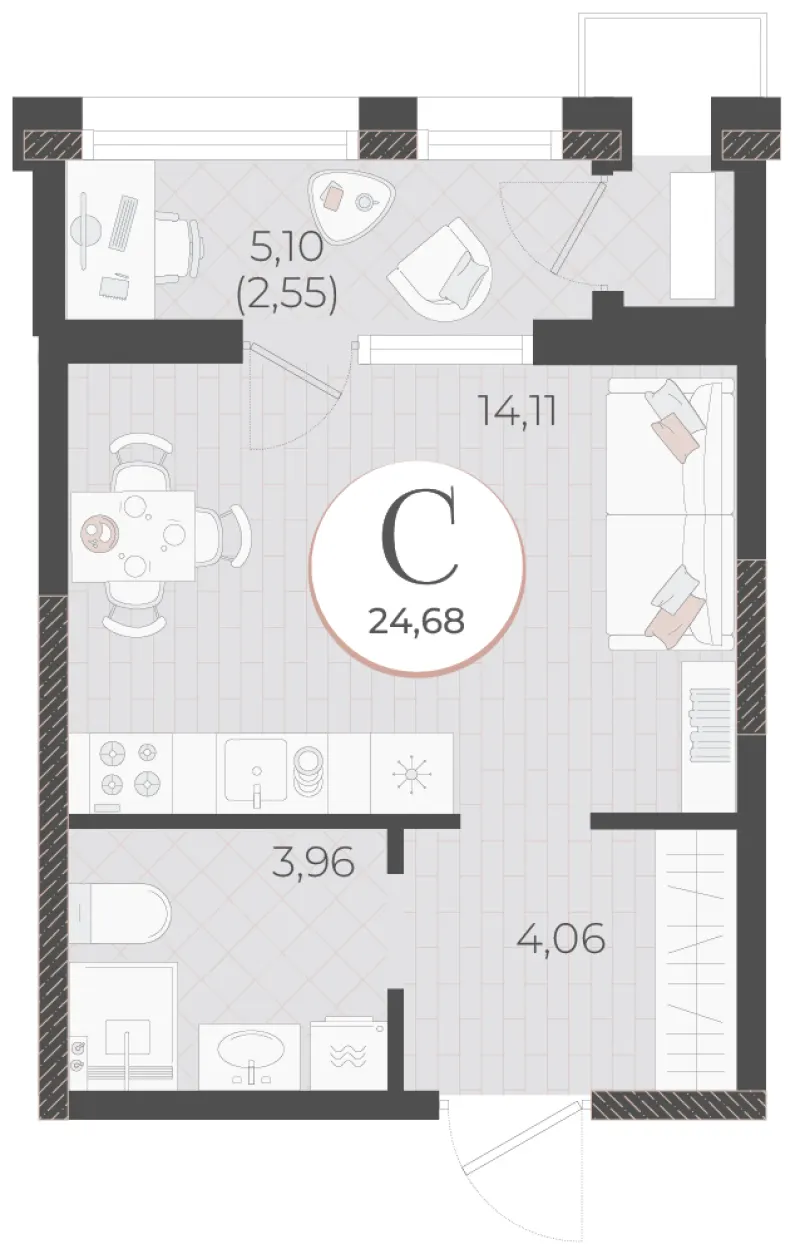 Студия 24.7 м²