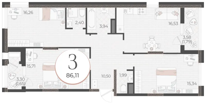 3-комн. 86.1 м²