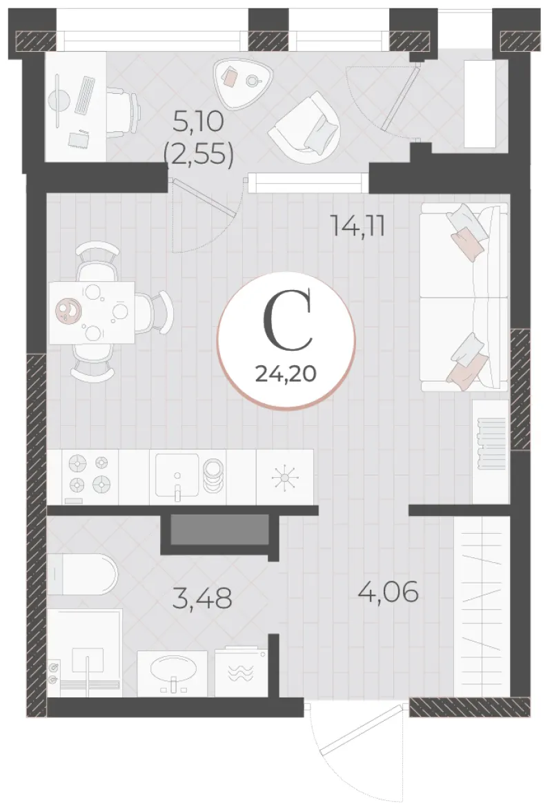 Студия 24.2 м²