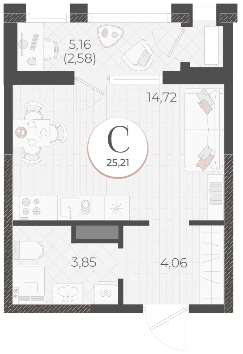 Студия 25.2 м²