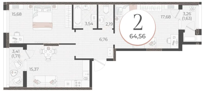 2-комн. 64.6 м²