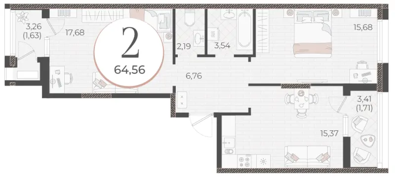 2-комн. 64.6 м²