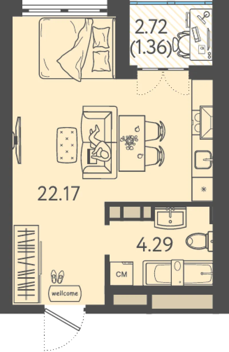 Студия 27.6 м²
