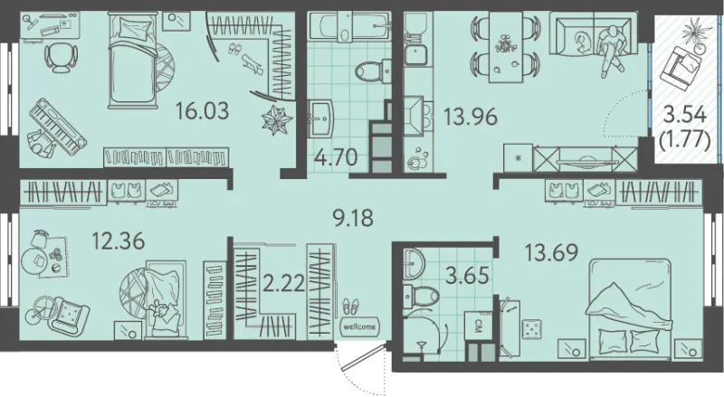3-комн. 77.3 м²