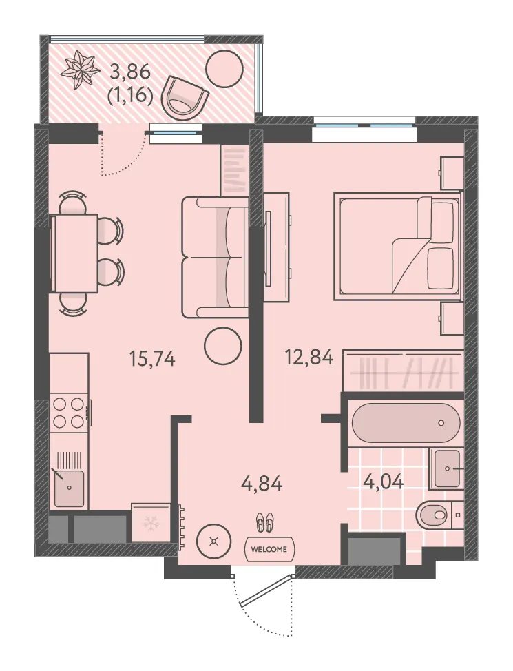 1-комн. 38.1 м²
