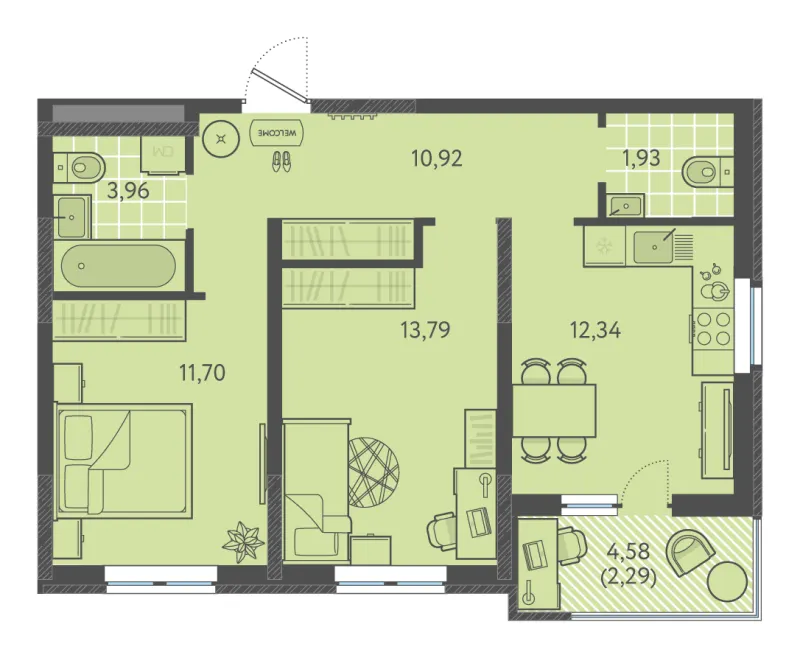 2-комн. 58.1 м²