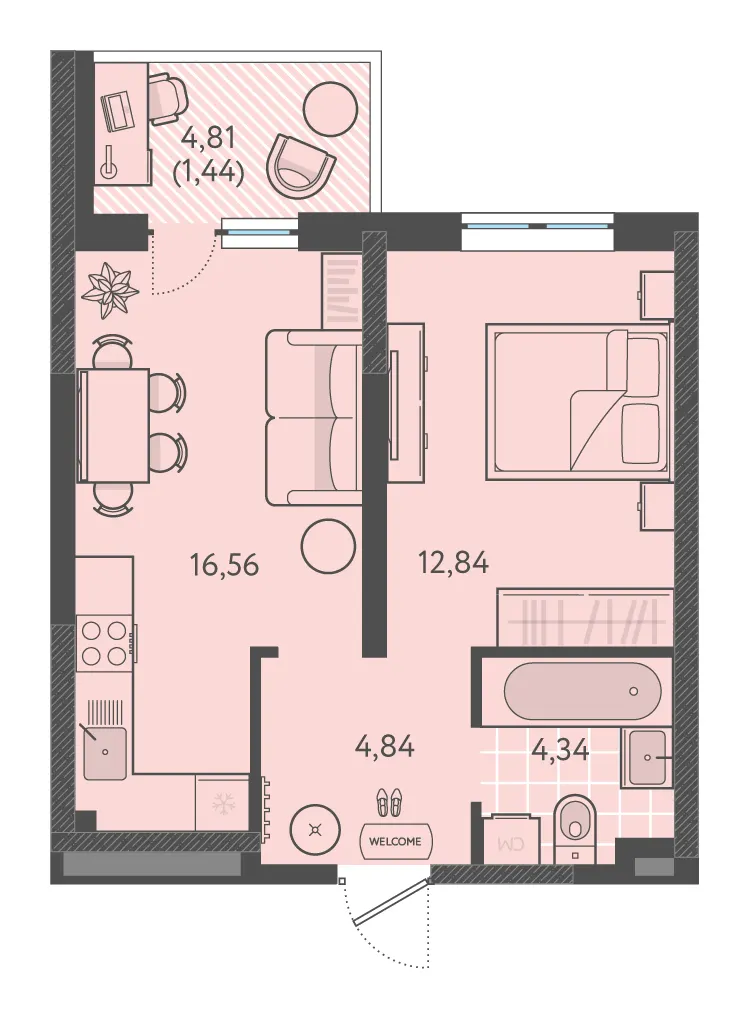 1-комн. 39.3 м²