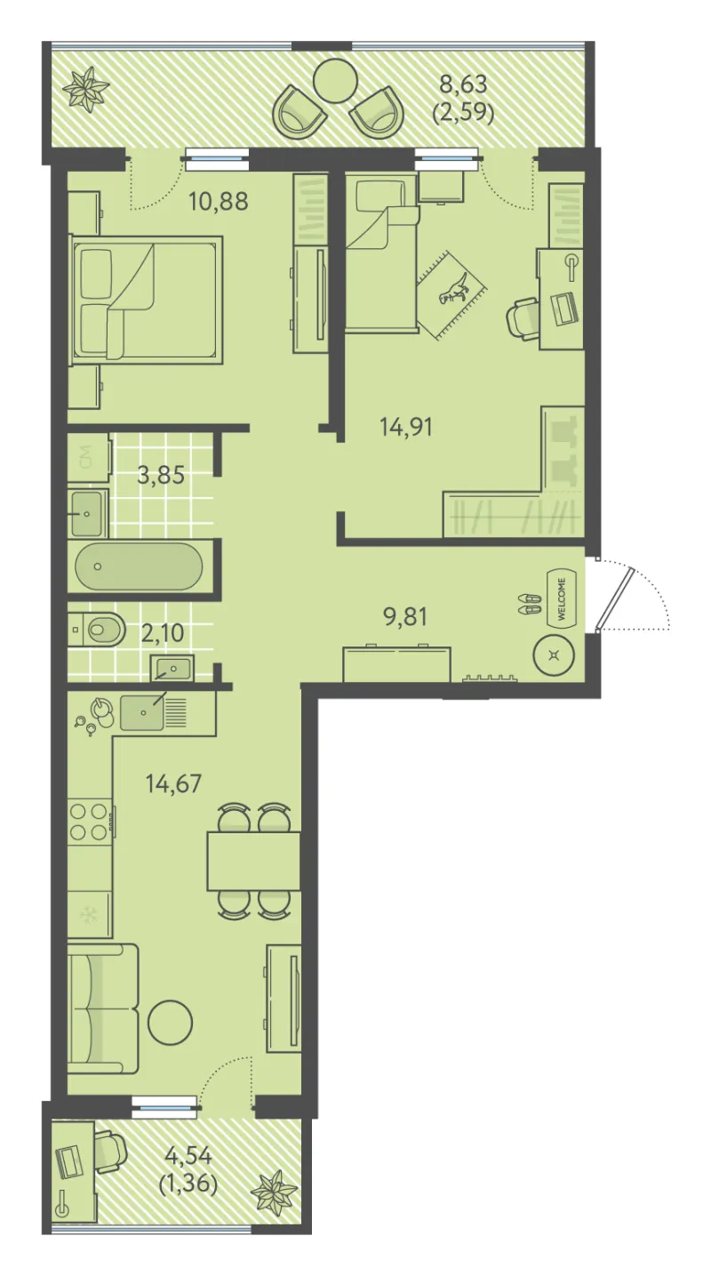 2-комн. 60.1 м²