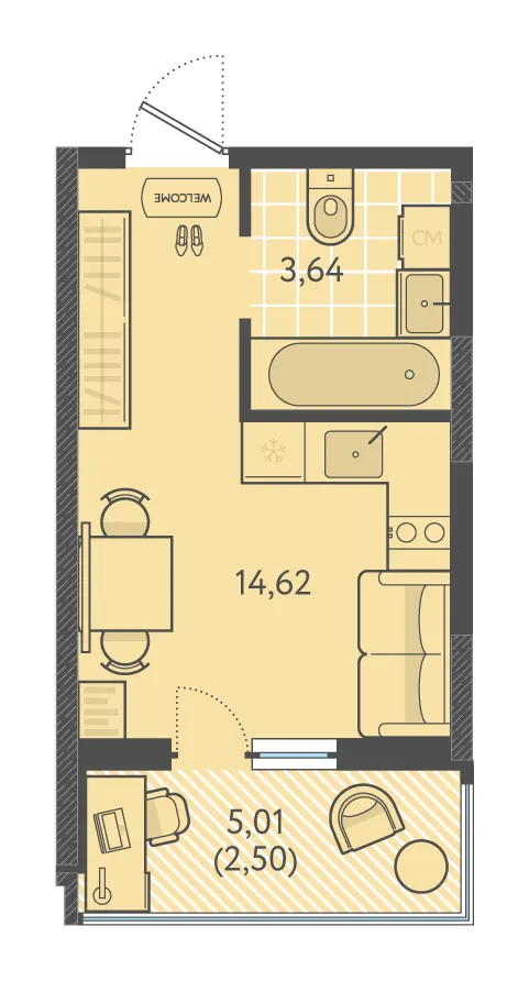 Студия 21.5 м²