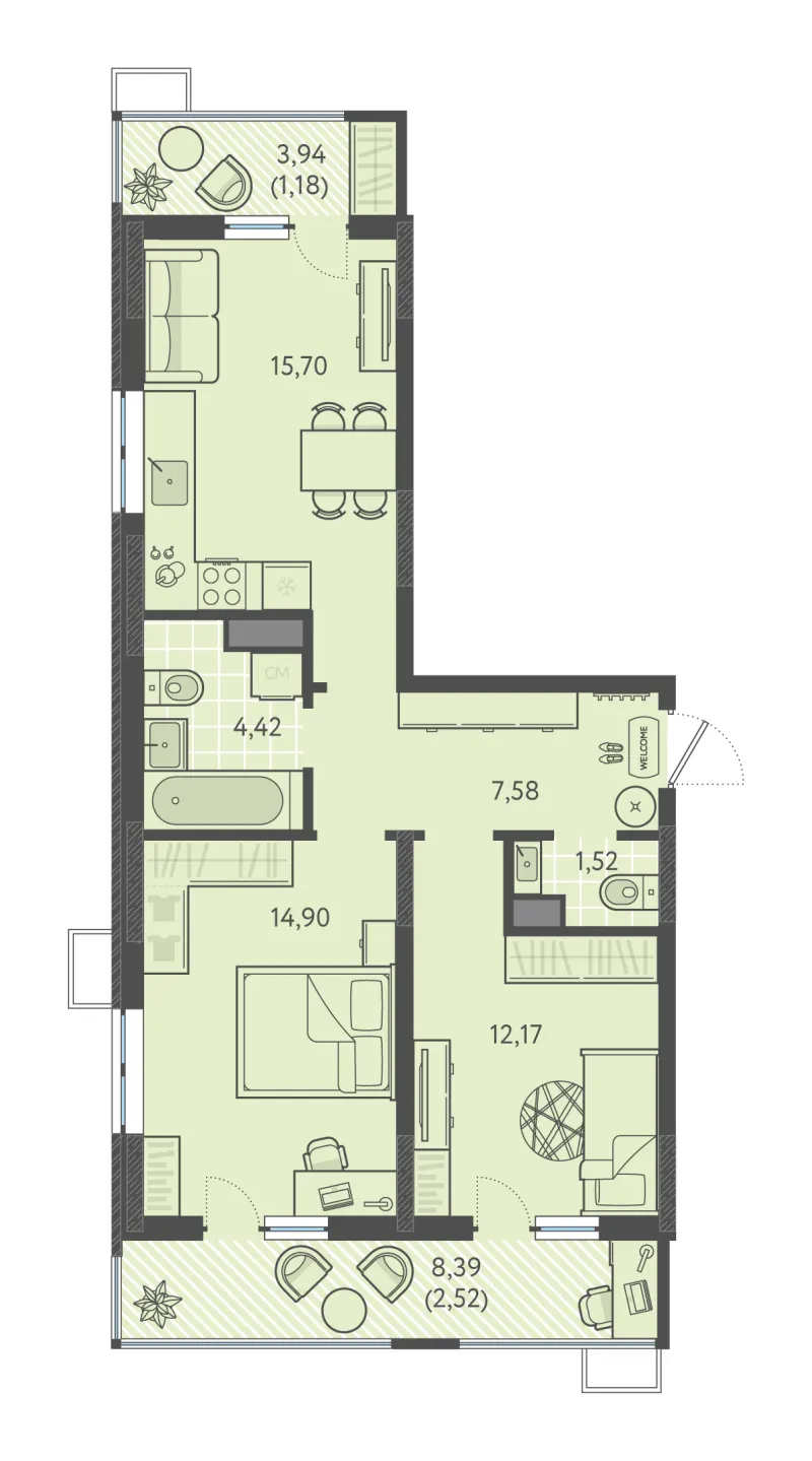 2-комн. 60 м²