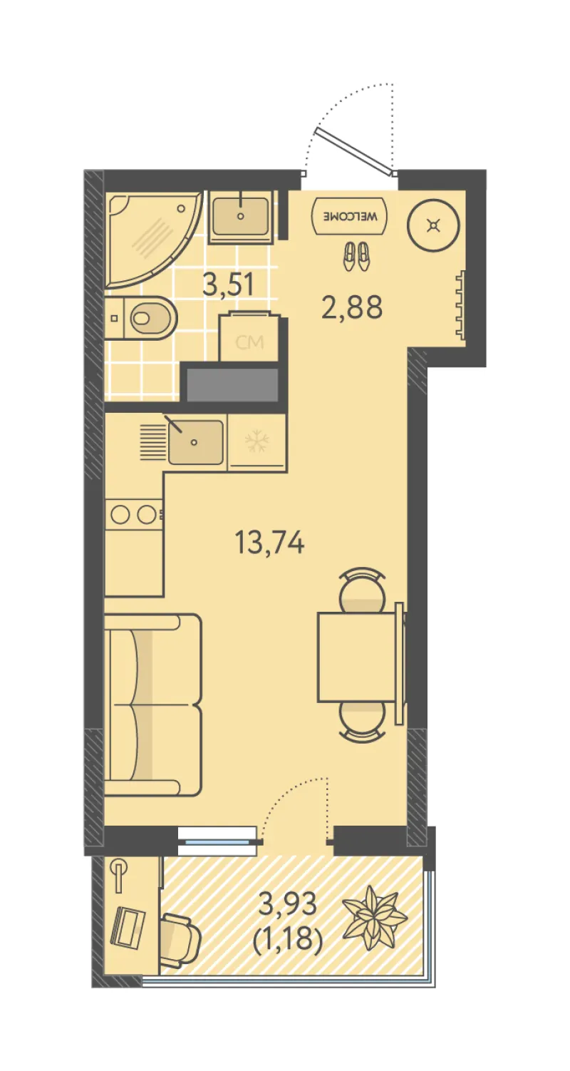 Студия 21.3 м²