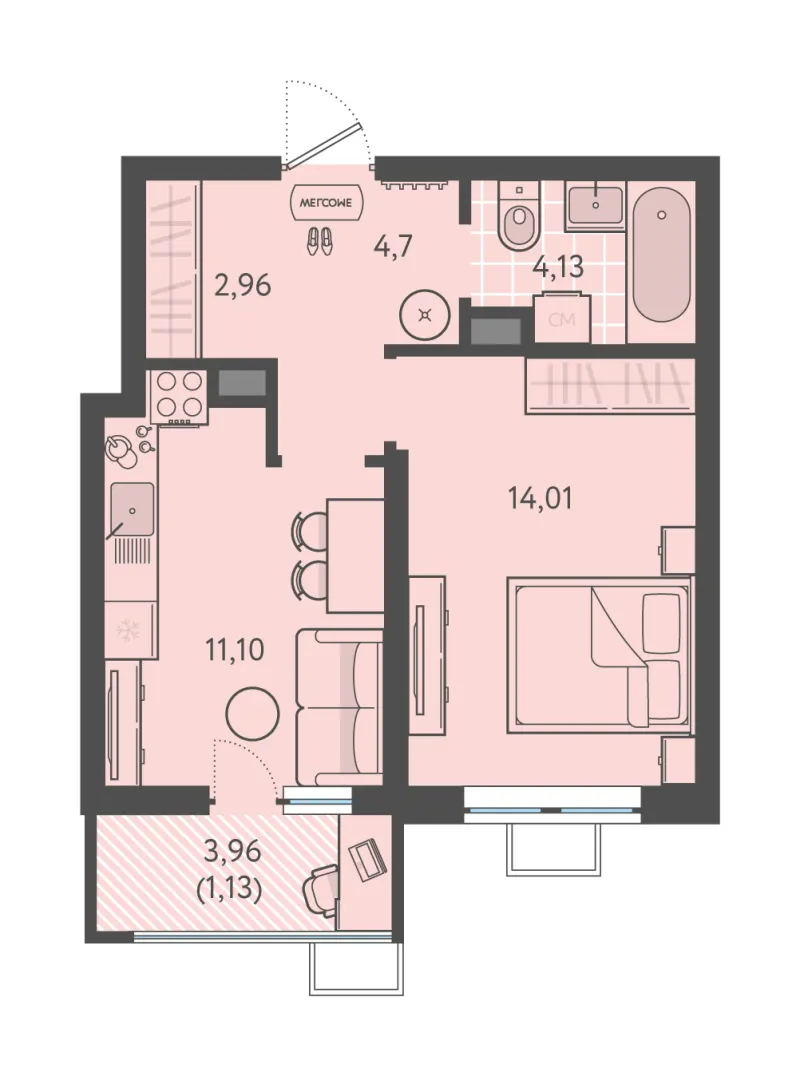 1-комн. 38 м²