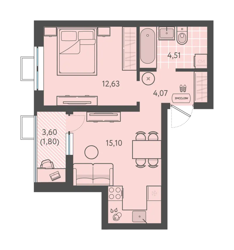 1-комн. 38.1 м²