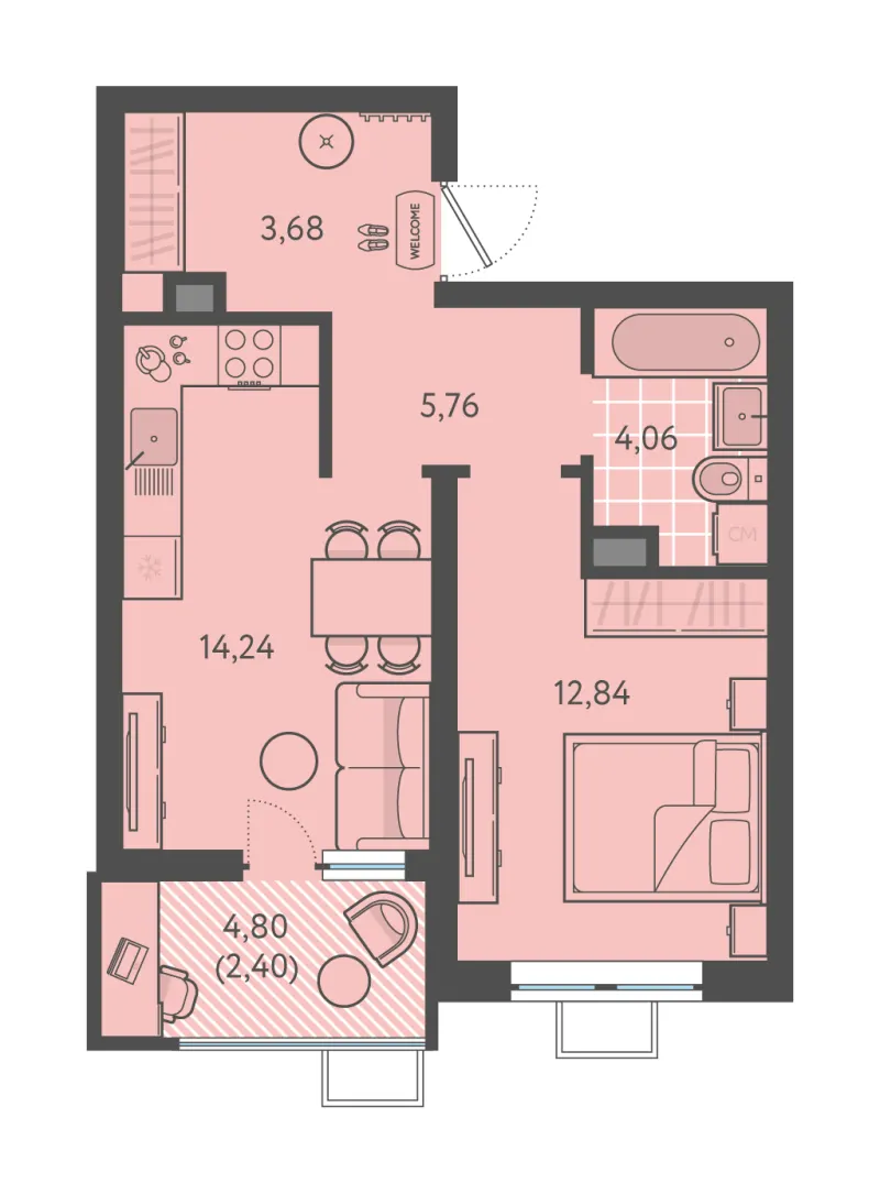1-комн. 43 м²