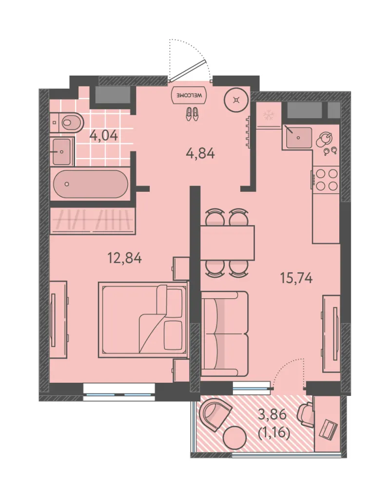 1-комн. 38.6 м²