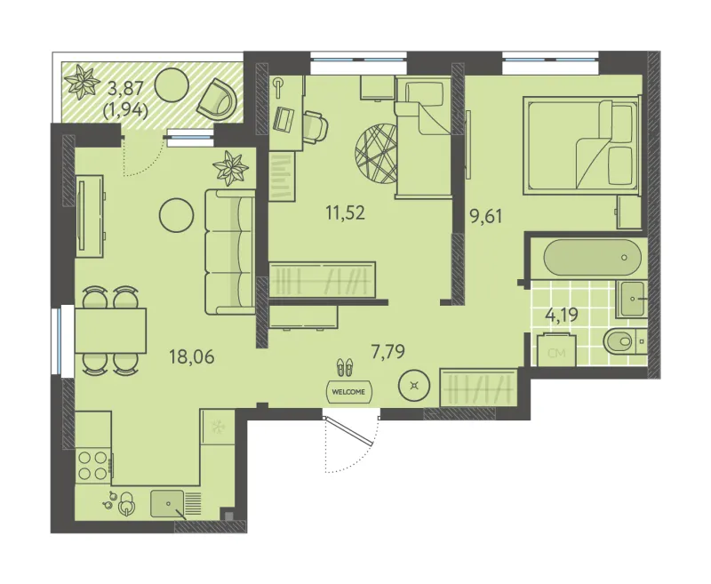 2-комн. 53.1 м²