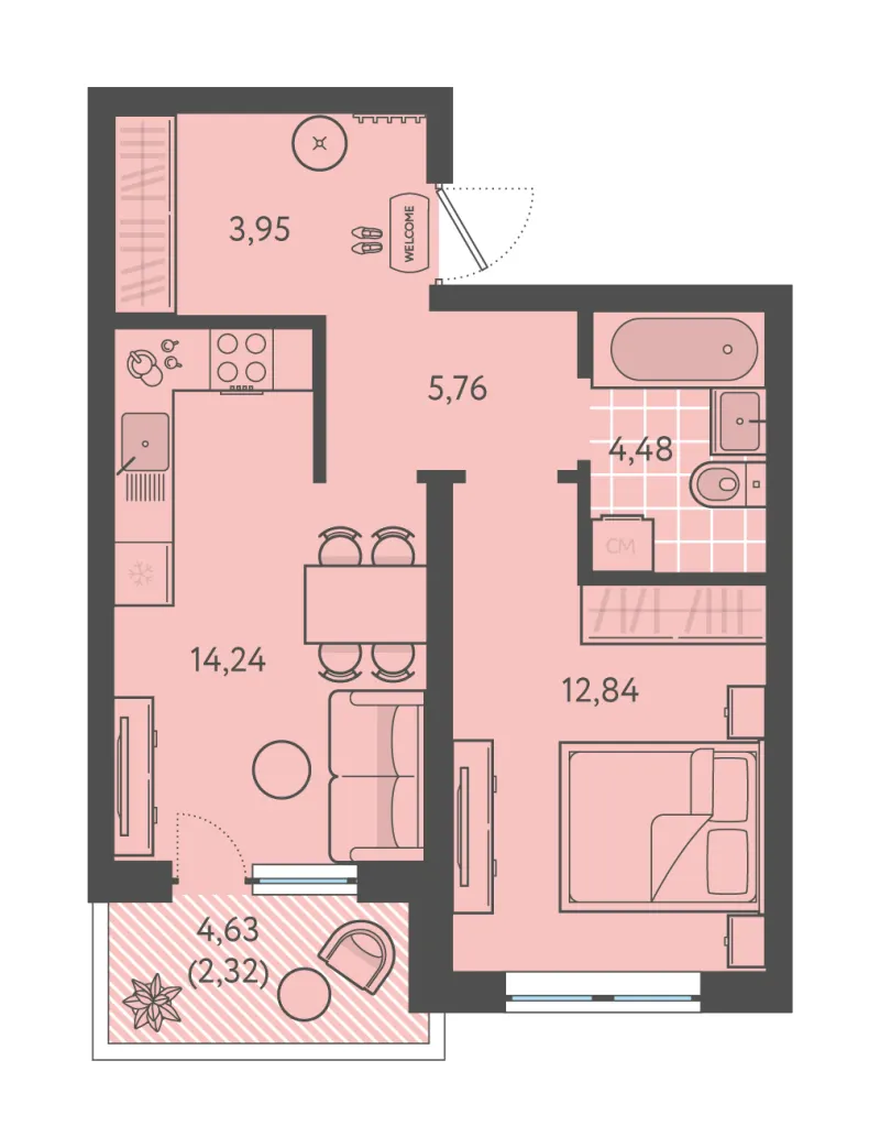 1-комн. 43.6 м²