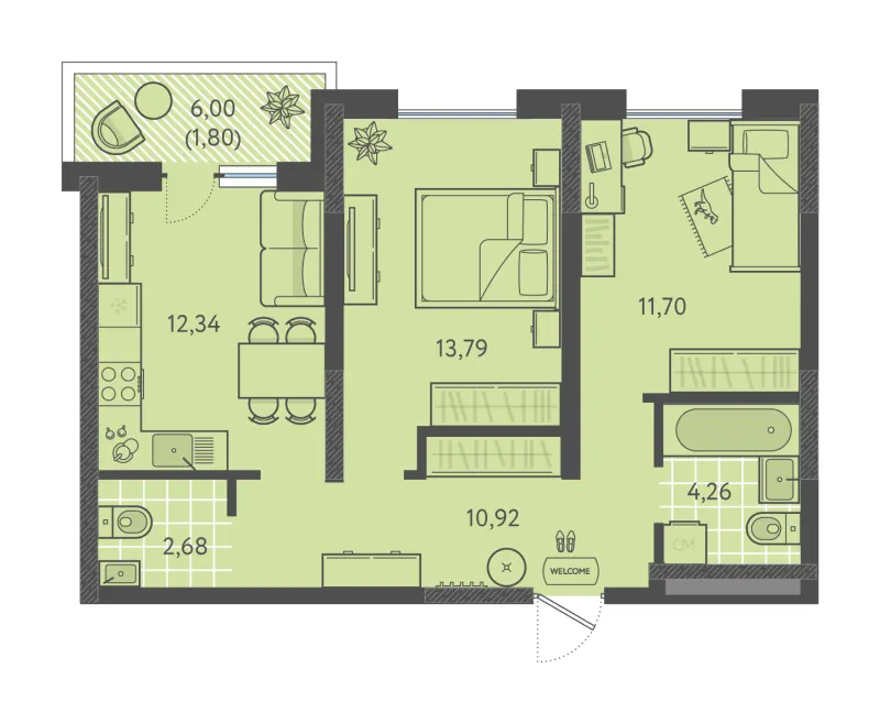 2-комн. 57.5 м²