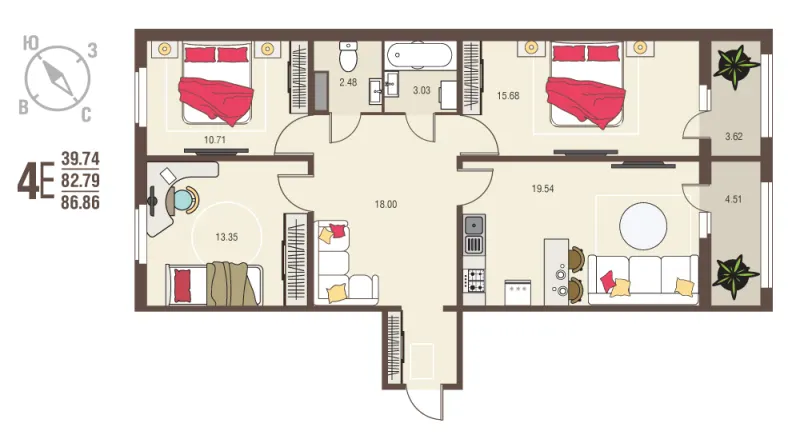 3-комн. 86.9 м²