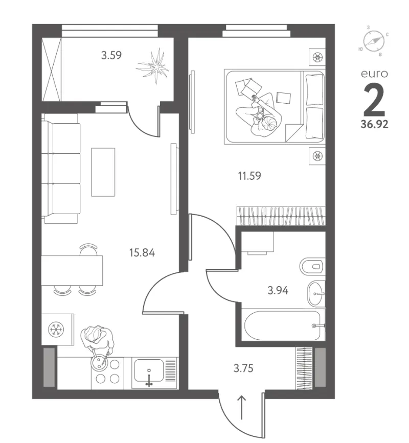 1-комн. 36.9 м²