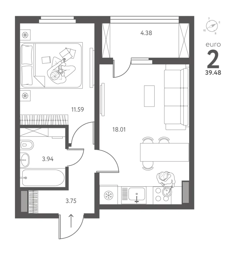 1-комн. 39.5 м²