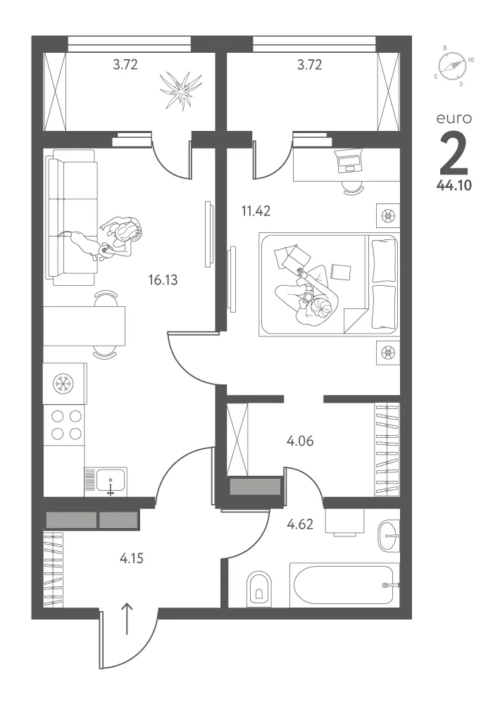 1-комн. 44.1 м²