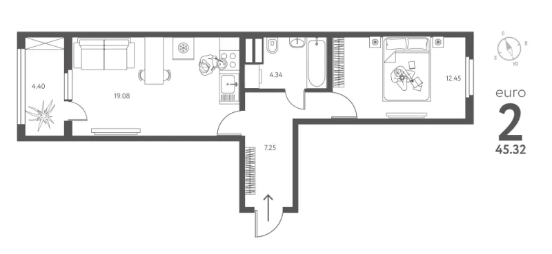 1-комн. 45.3 м²