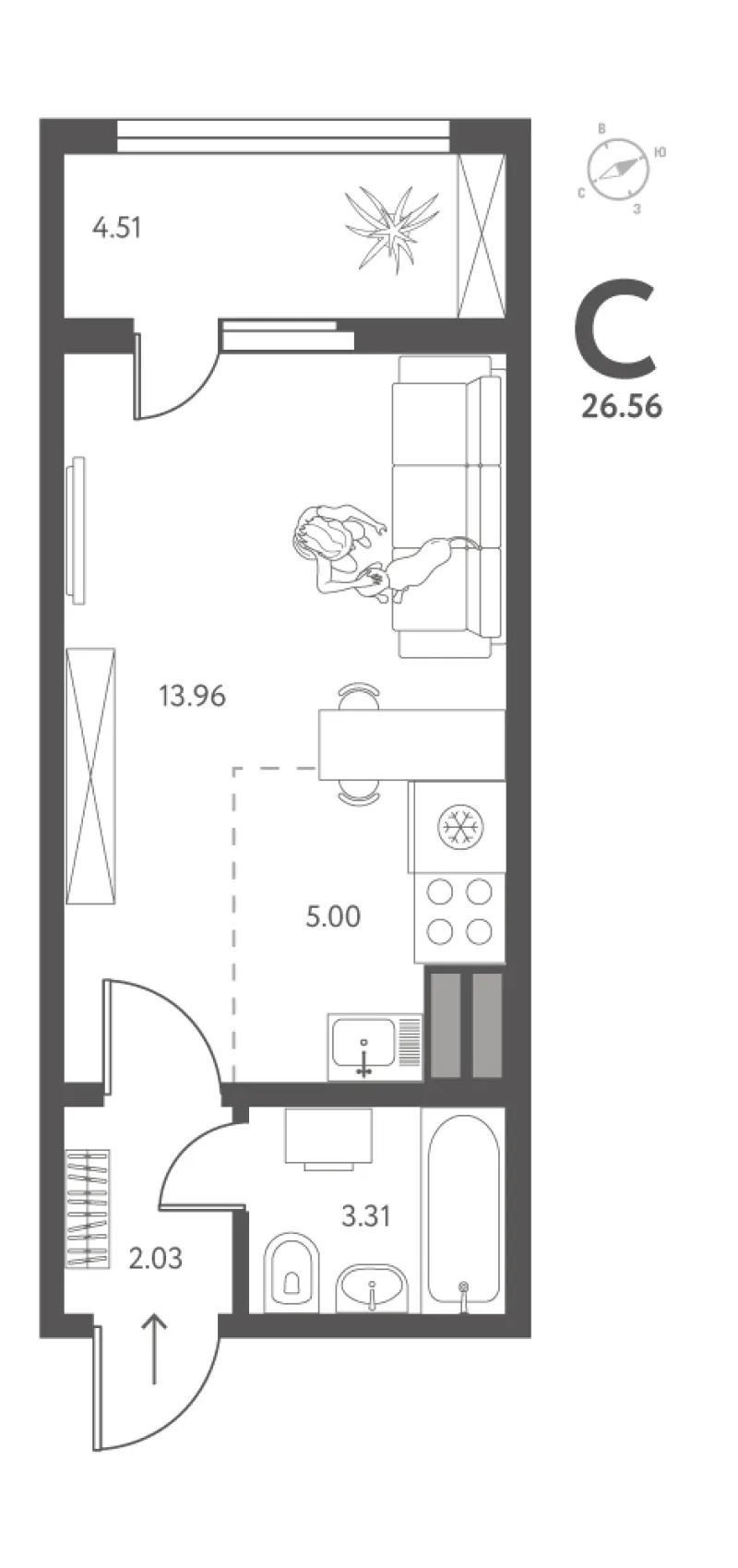 Студия 26.6 м²