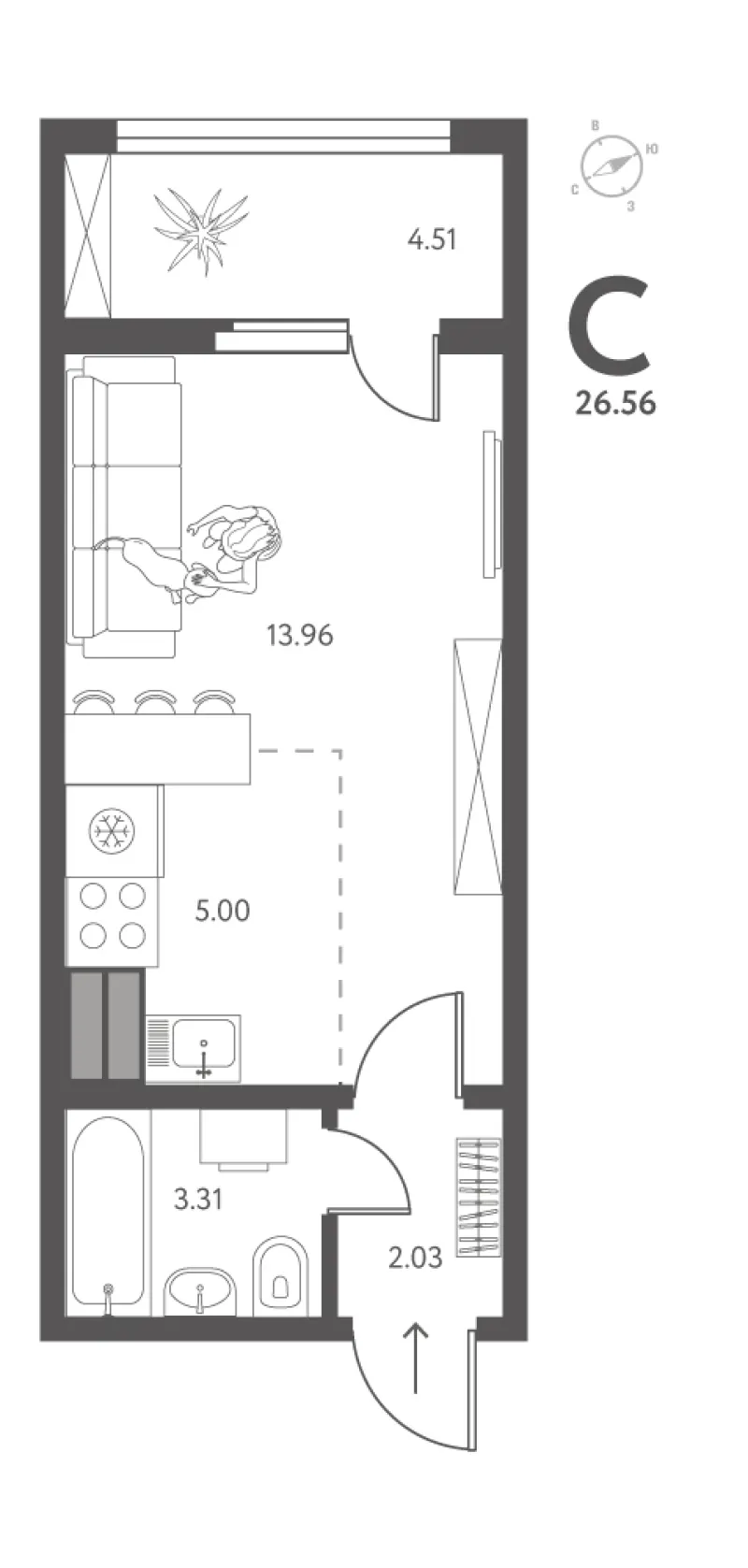 Студия 26.6 м²