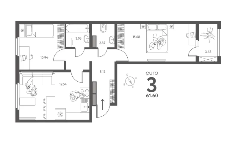2-комн. 61.6 м²