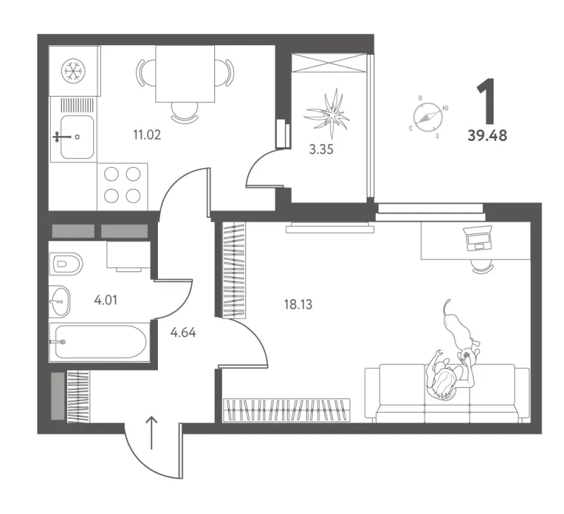 1-комн. 39.5 м²