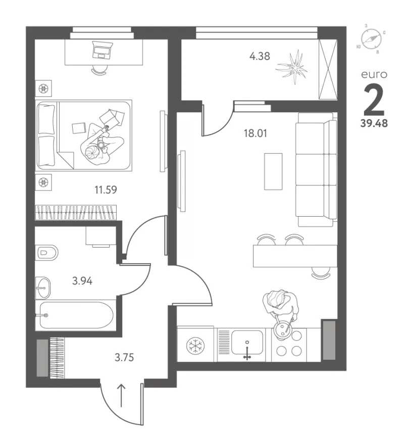 1-комн. 39.5 м²