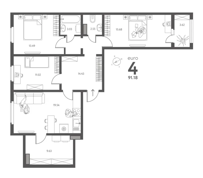 3-комн. 91.2 м²