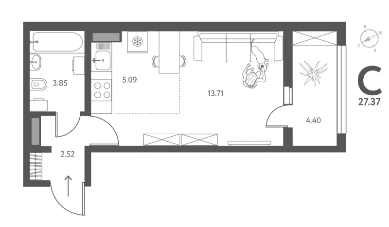 Студия 27.4 м²