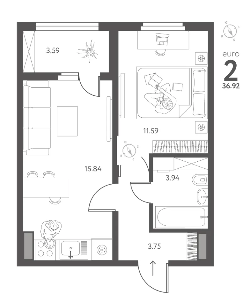 1-комн. 36.9 м²